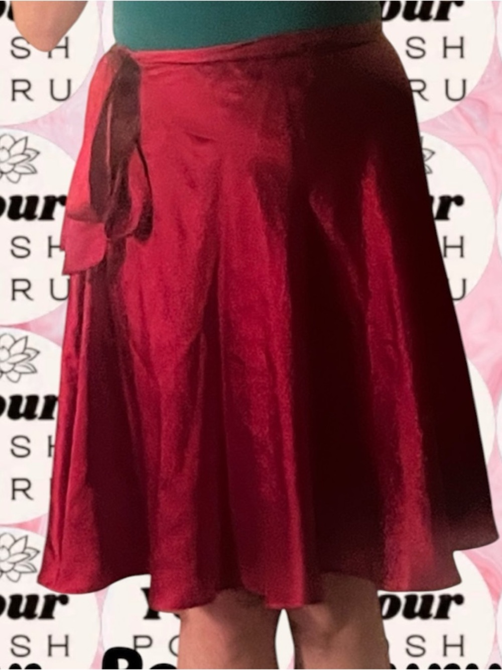 100% SILK Red A-Line Wrap Skirt - with zipper and tie